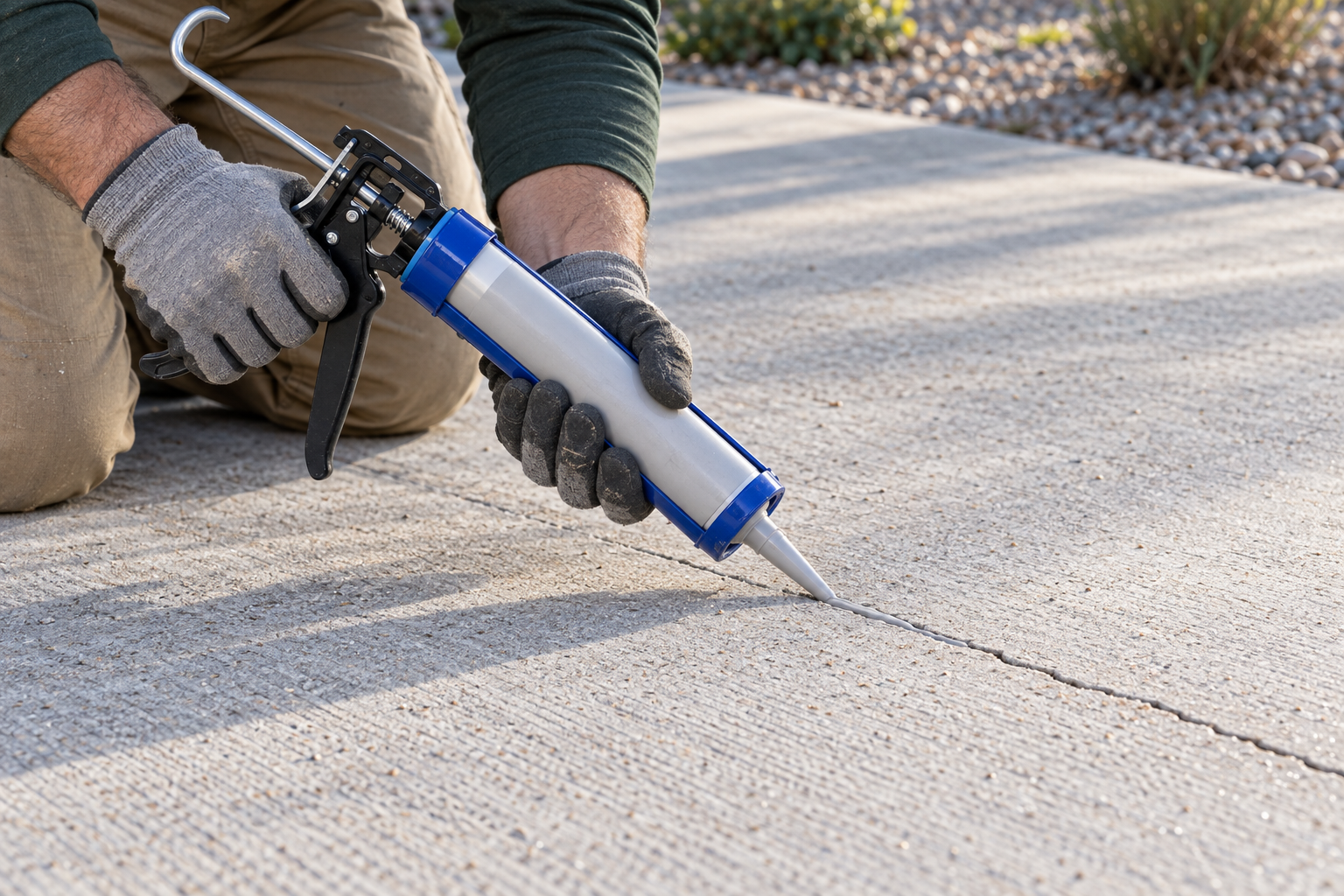 Gloved hands running a caulk gun along a hairline crack in a concrete driveway, laying a gray sealant bead
