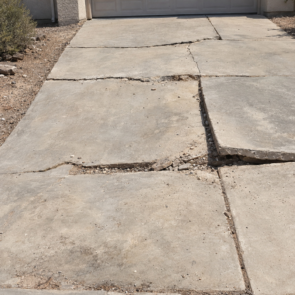 An old concrete driveway with wide cracks and a heaved, settled section