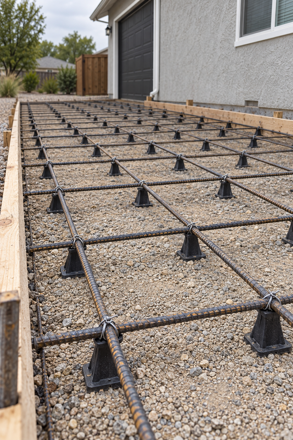rebar set on chairs for a new driveway pour