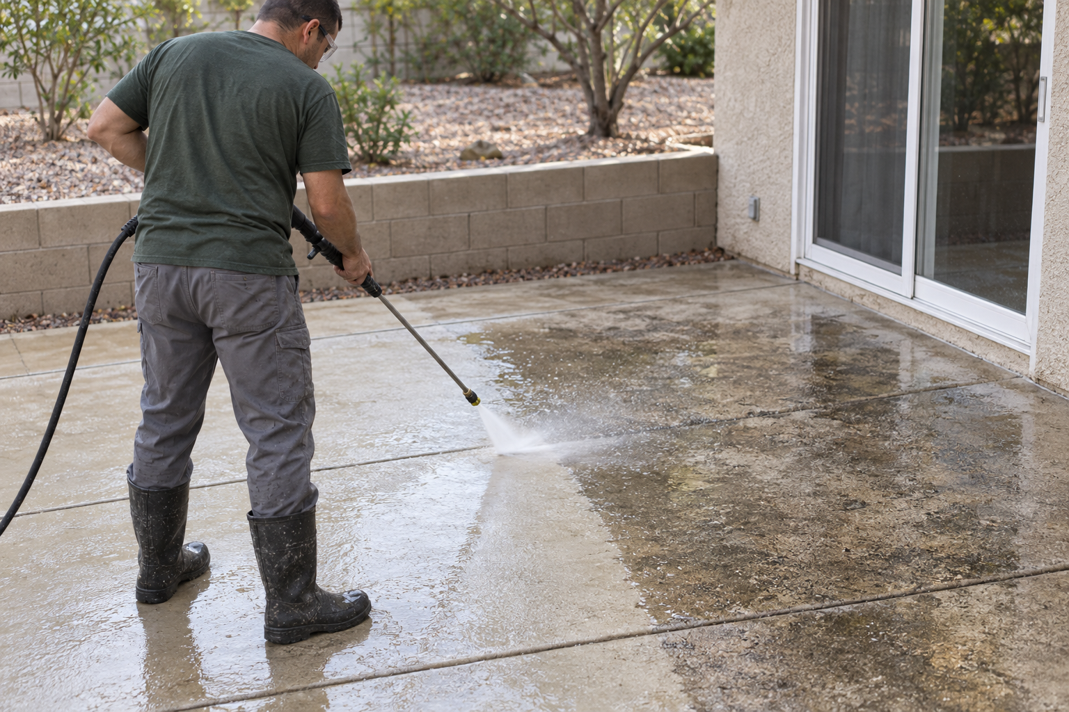 A worker pressure-washing a stained concrete patio slab before resurfacing