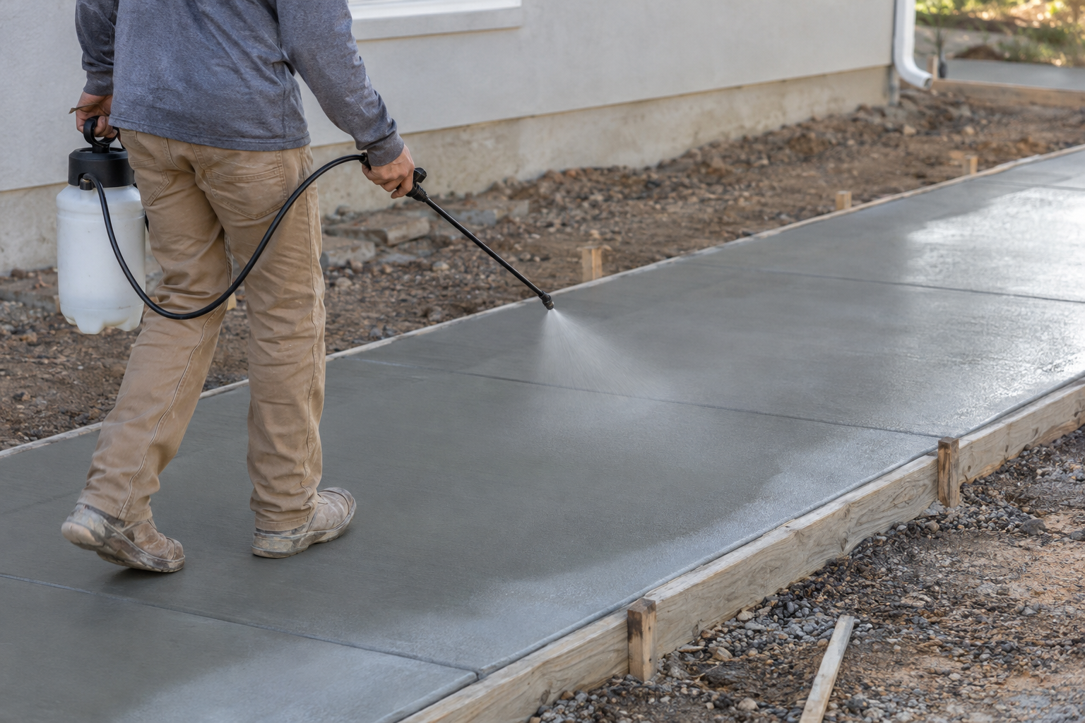 A worker spraying curing compound over freshly finished concrete with a hand pump sprayer