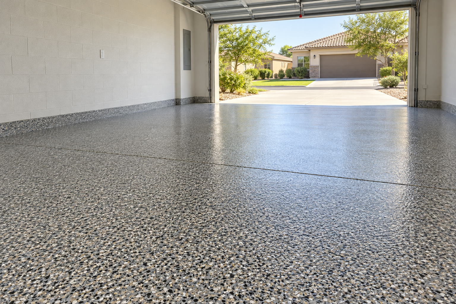 A finished flake-chip garage floor coating with the garage door open to daylight