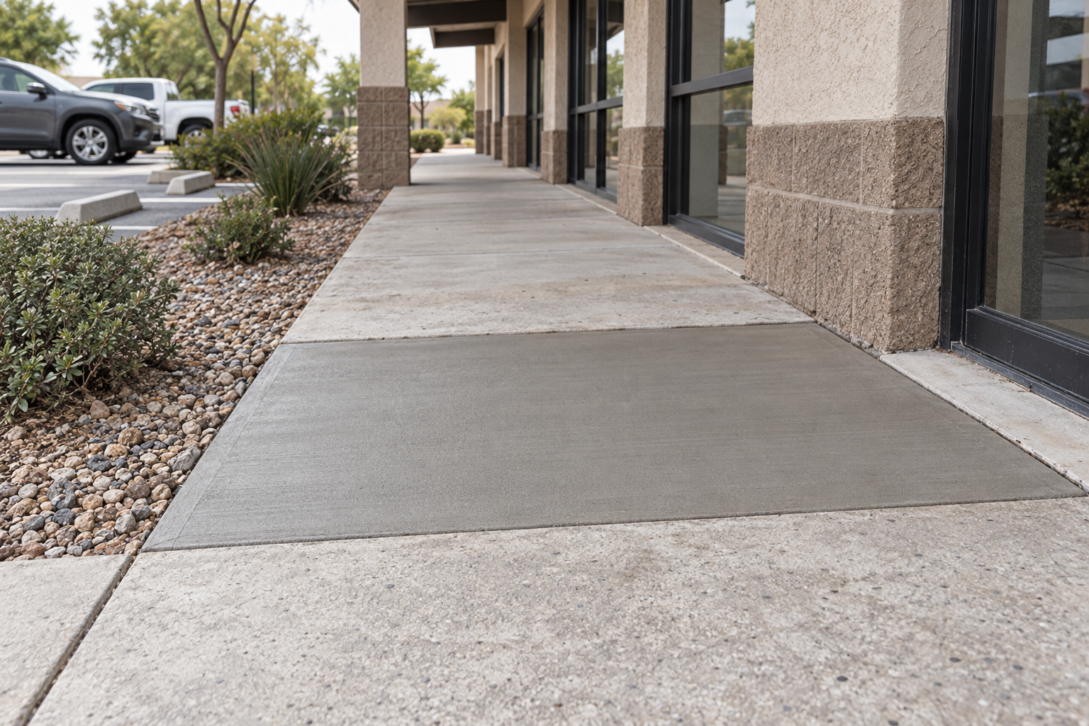 A storefront walkway with one fresh concrete panel set flush between older ones