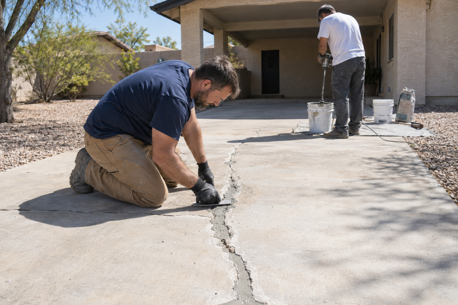 concrete repair crew patching a cracked driveway in Albuquerque