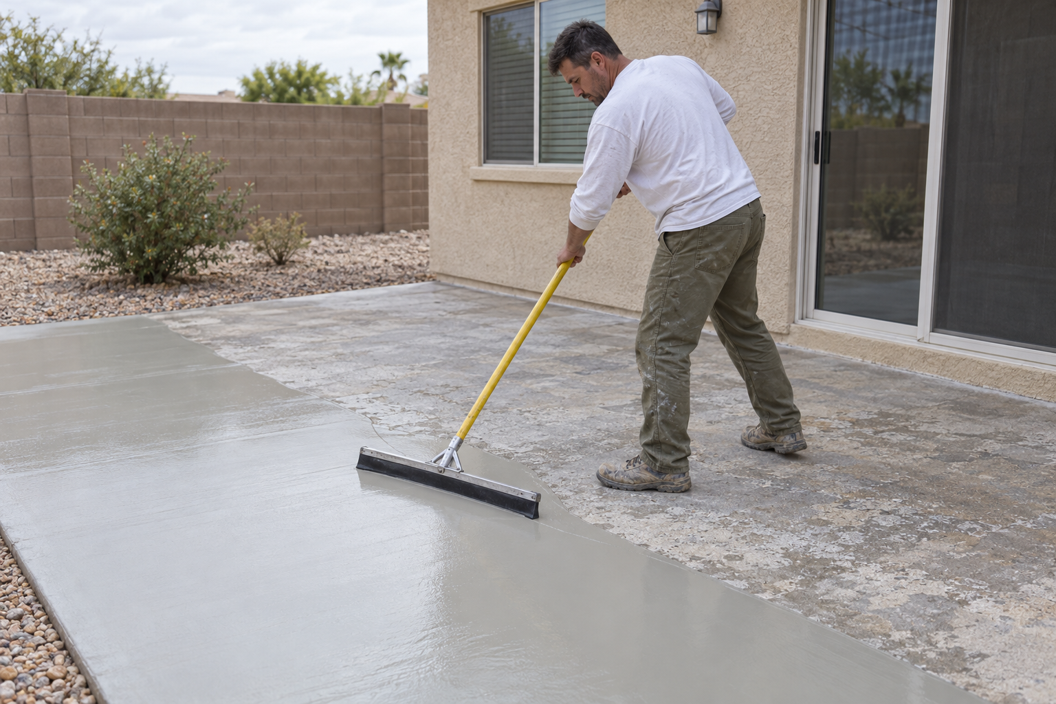 A squeegee pulling a thin gray overlay across a worn patio slab