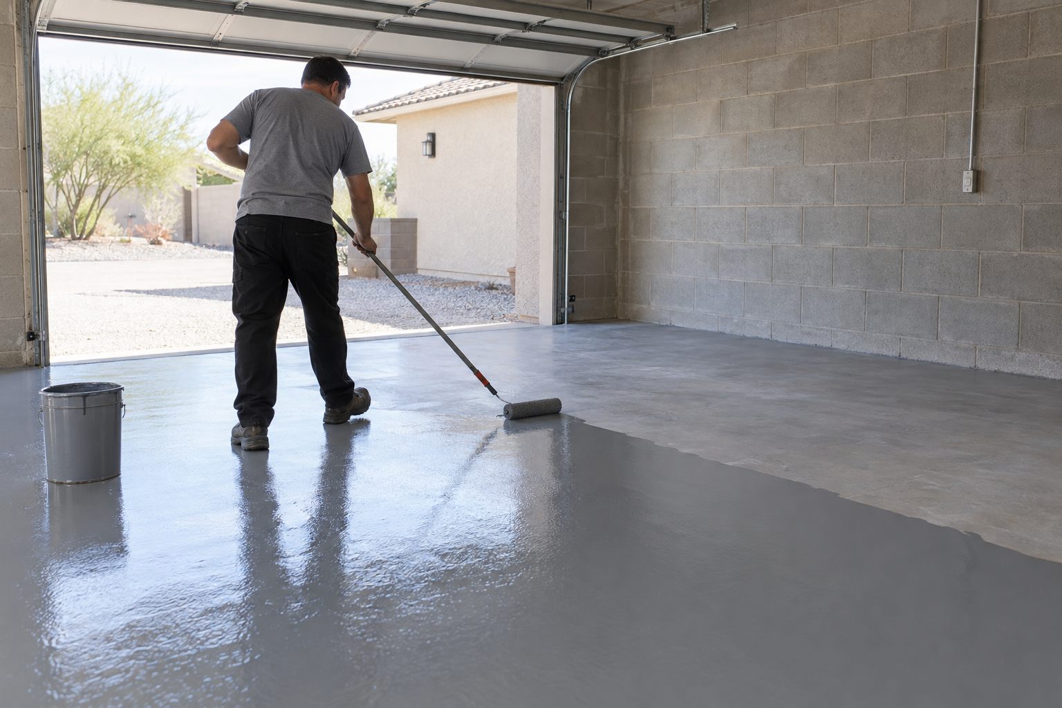 A roller laying an epoxy base coat across a freshly ground garage floor