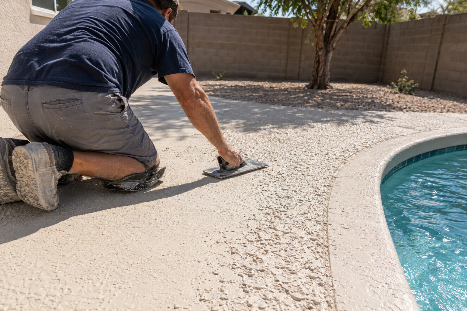 A textured cool-deck coating being troweled around a backyard pool