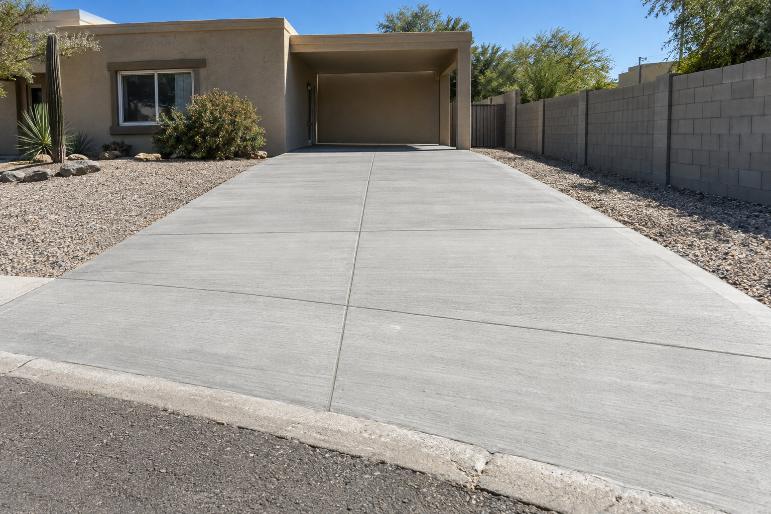 A finished broom-finish concrete driveway in front of a single-story stucco house