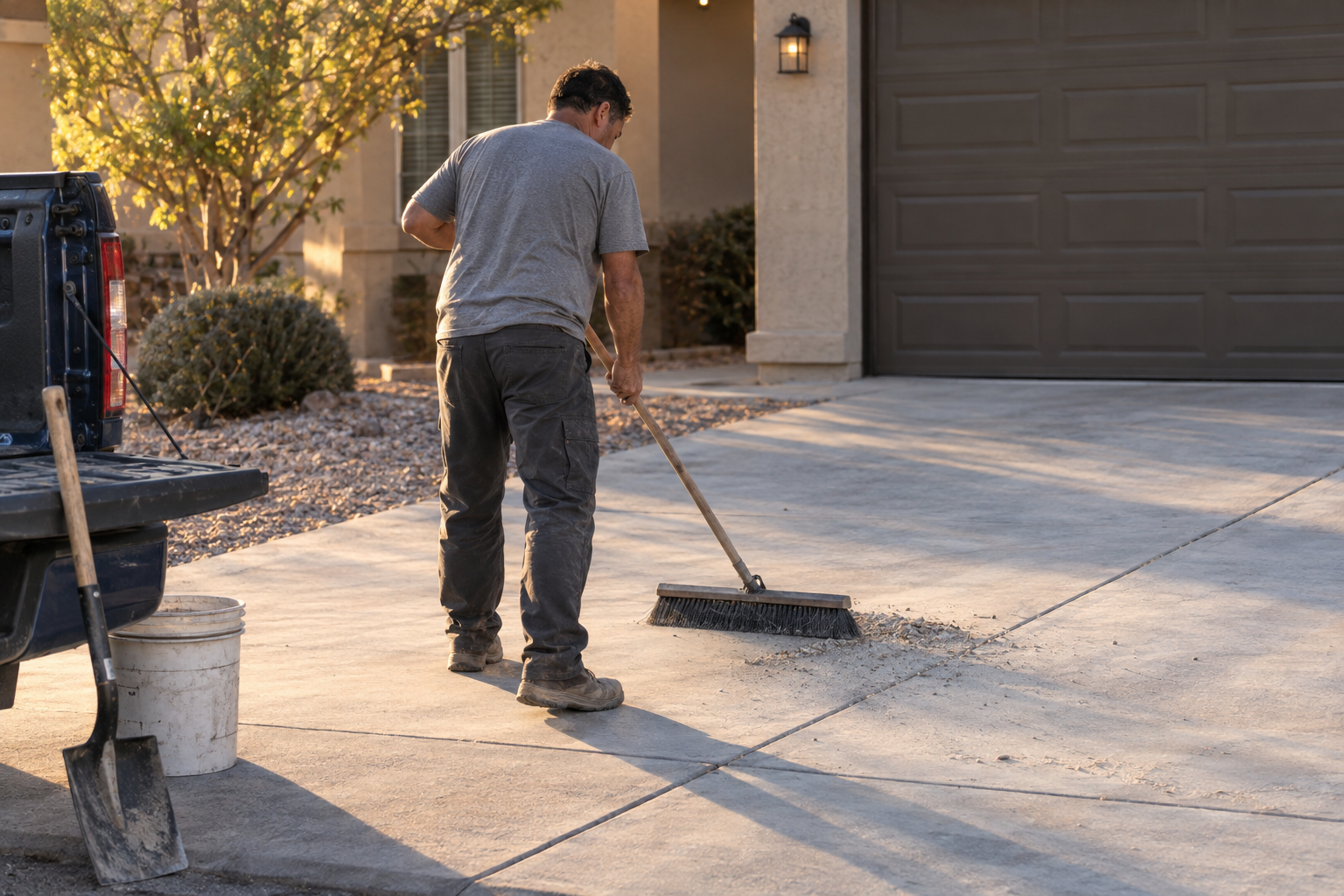A worker sweeping a finished concrete driveway with a push broom