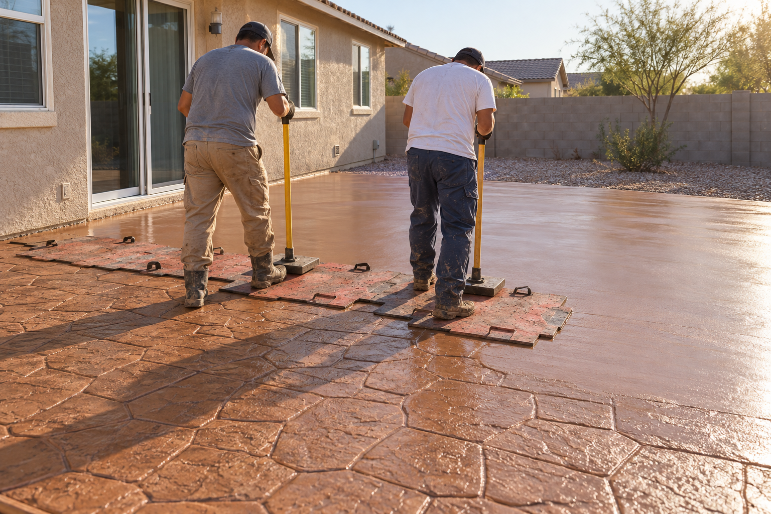 A stone-pattern stamp mat pressed into fresh colored concrete