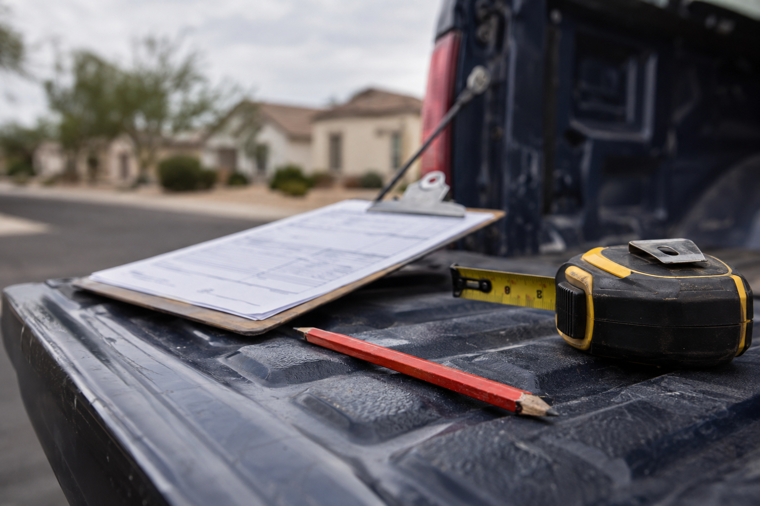 A clipboard, pencil and tape measure resting on a pickup tailgate