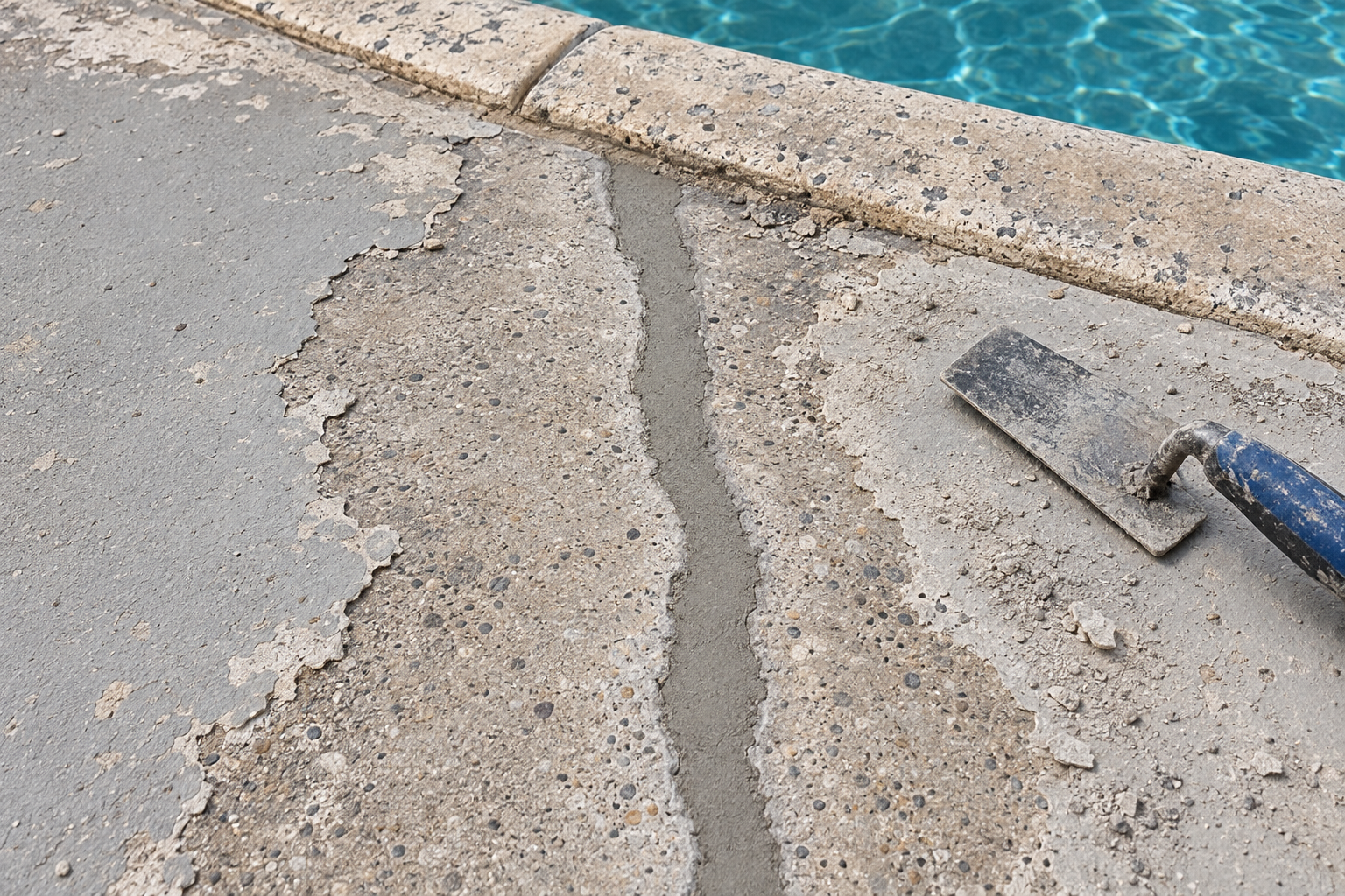 A crack in an old pool deck ground open and filled with fresh patching mortar, the loose old coating scraped back
