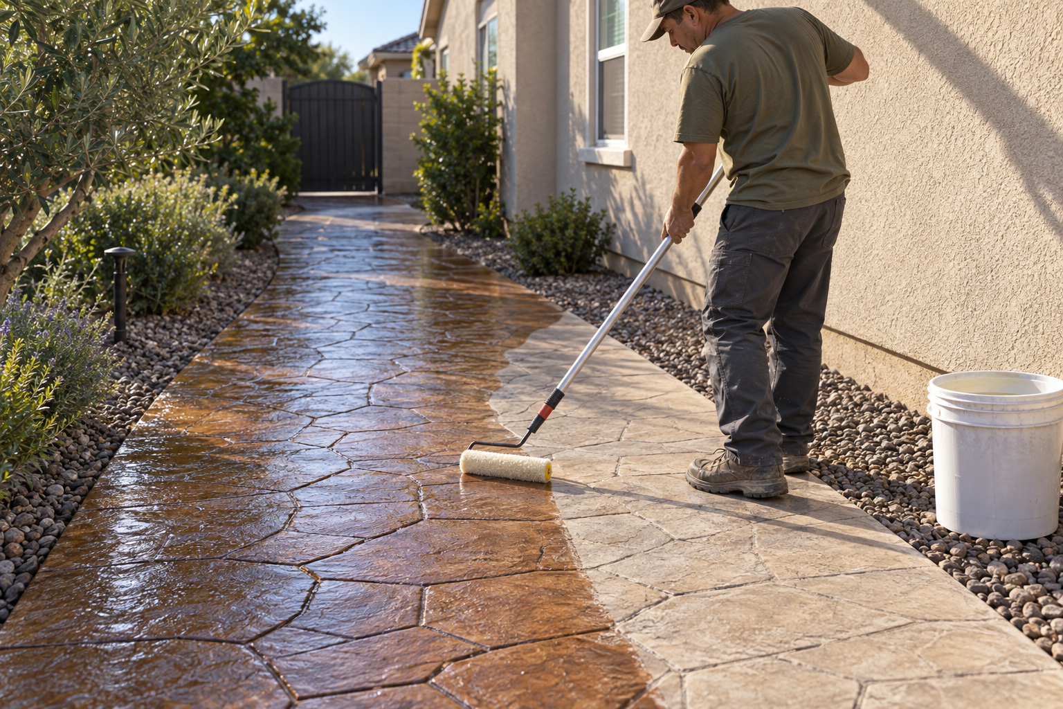 acrylic sealer rolled onto a stamped walkway
